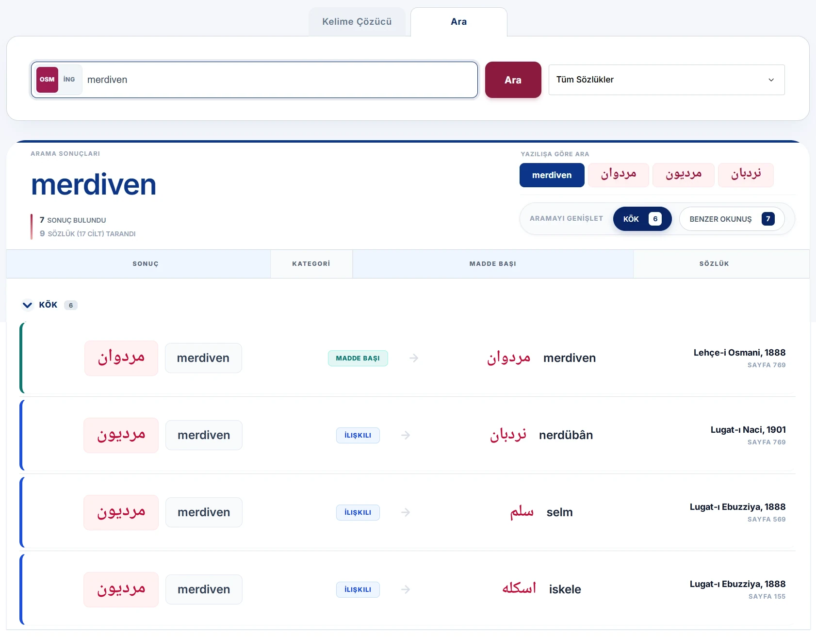 merdiven araması: Yazılışa Göre Ara butonları ve üç ayrı yazılıştan gelen sonuç satırları