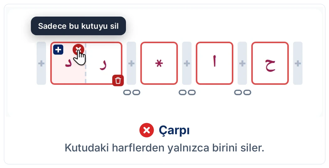 Çarpı: kutudaki harflerden yalnızca birini siler