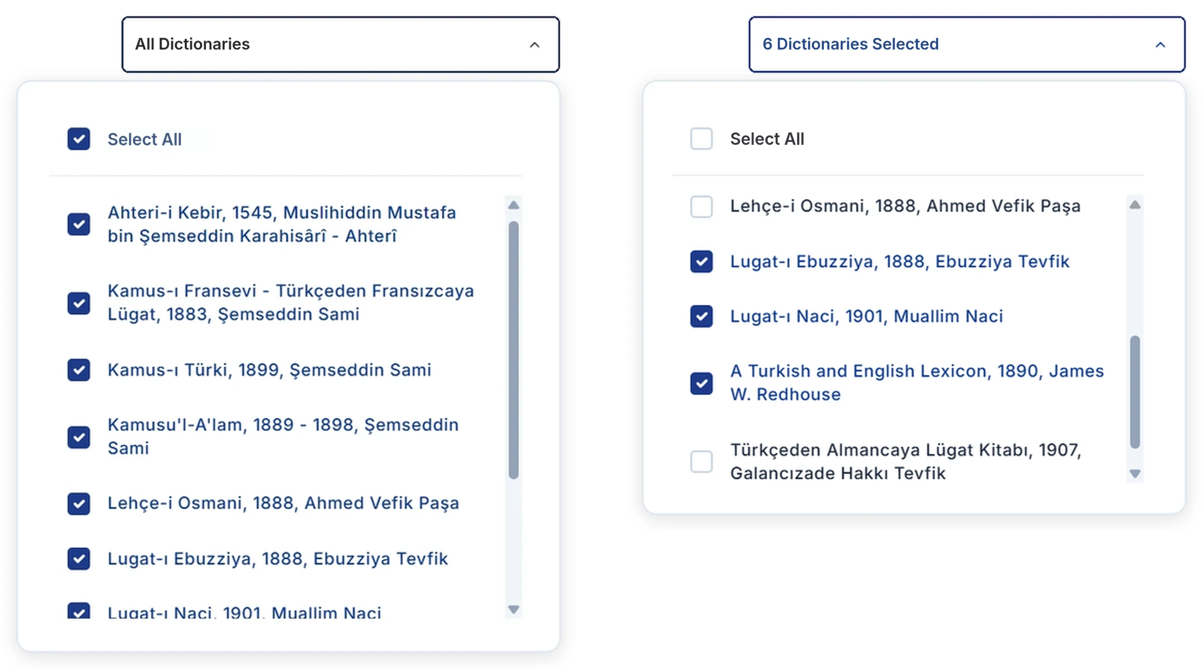 On the left the list with every dictionary selected, on the right a list with only six dictionaries selected
