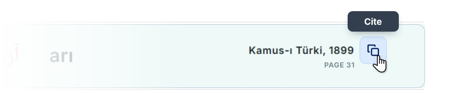 The Dictionary column: Kamus-ı Türki, 1899, page 31; the Cite hint appearing over the copy button