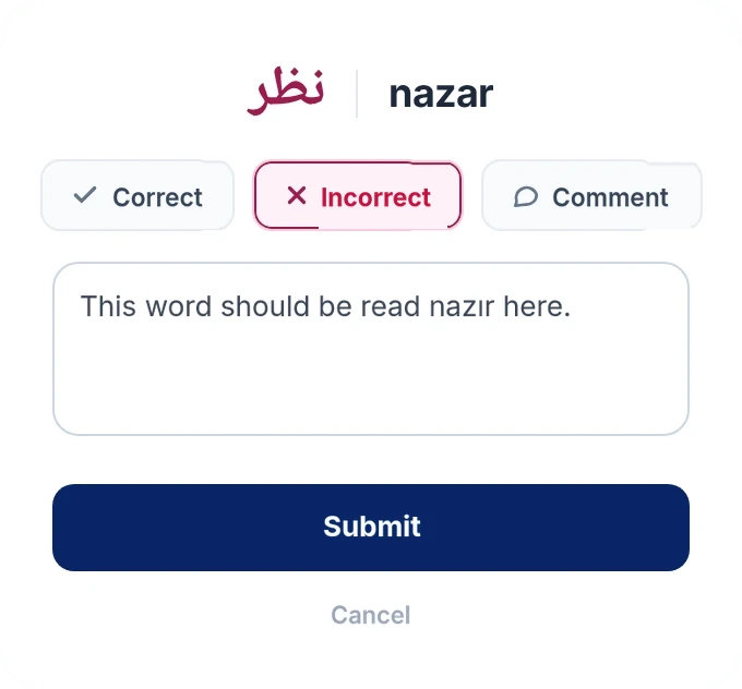 The report window opened with Edit: the Correct, Incorrect and Comment options and the explanation field