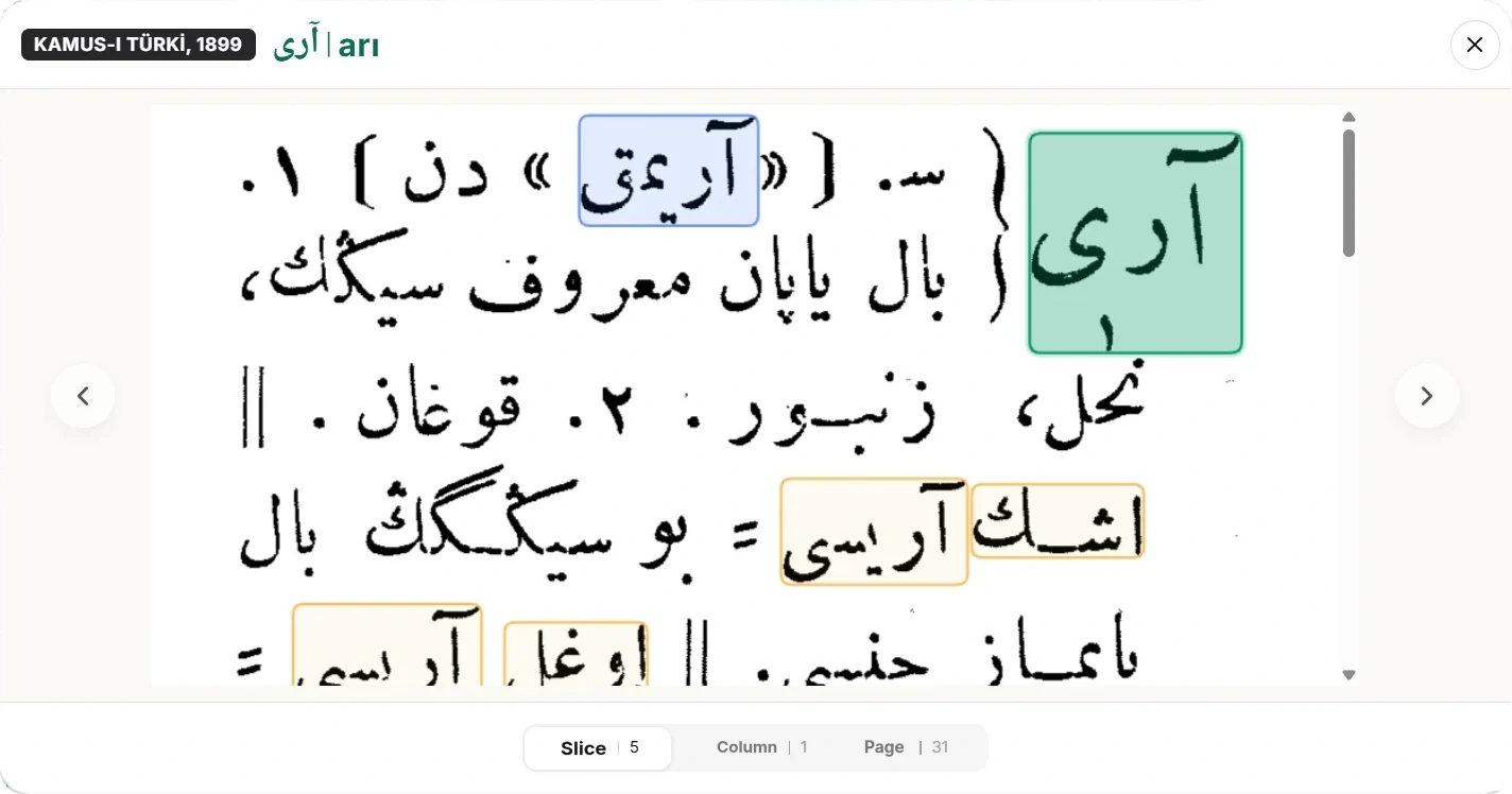 The dictionary page window: colored boxes on the original page, arrows on either side, the Slice, Column and Page buttons at the bottom