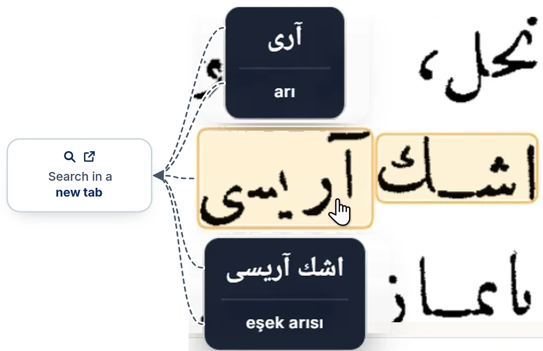 The word in the scan and the Ottoman and Latin lines of the boxes appearing above and below it; arrows from all five converge on the Search in a new tab card