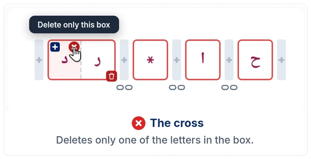 The cross: deletes only one of the letters in the box