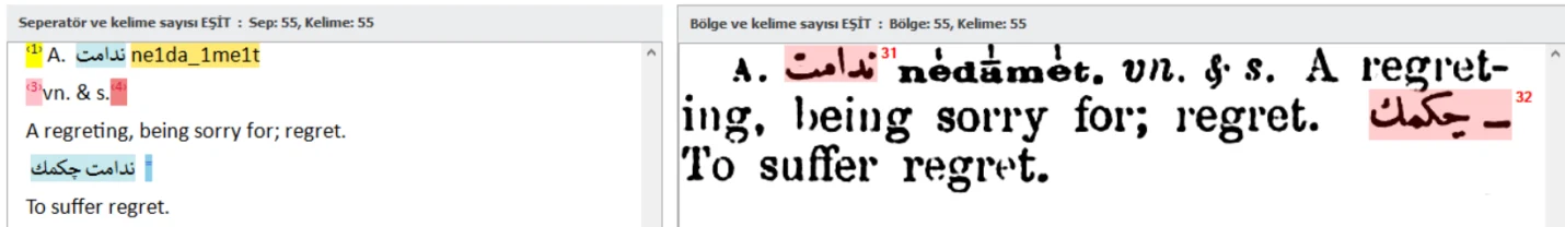 An edited entry showing separators for entries, Ottoman words, pronunciations, foreign words, meanings, and sub-entries.