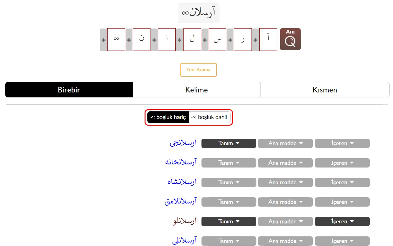 LexiQamus 2.0 Birebir sekmesinde boşluk içermeyen arama sonuçları.