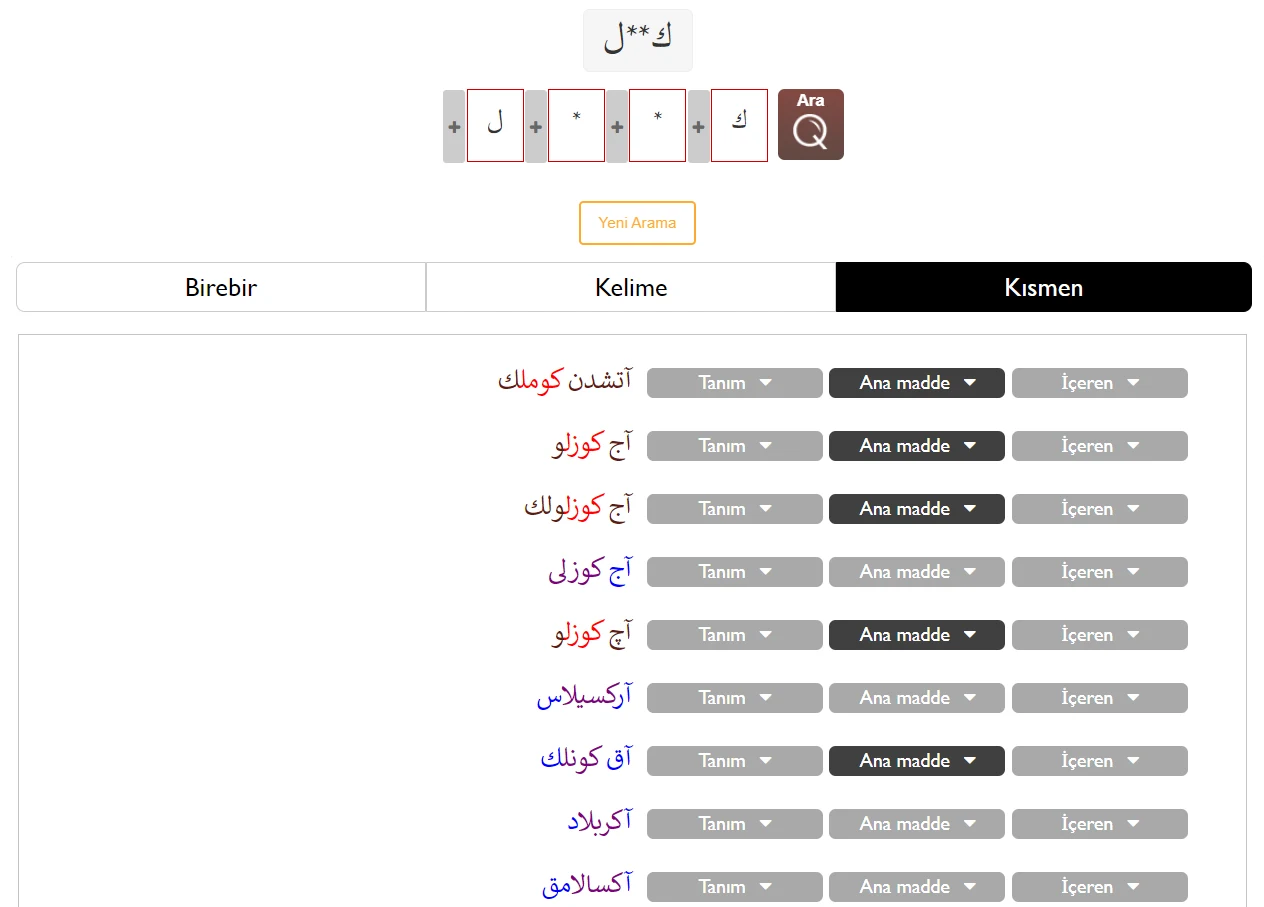 Kısmî sekmesinde arama ifadesiyle kısmen eşleşen sonuçlar.